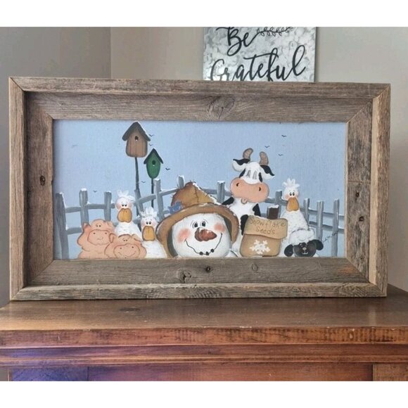Handmade Primitive Framed Snowman Trio with Snowflakes Snow Picture Decor NEW - Picture 2 of 6